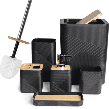 CERBIOR Bathroom Accessories Set 6 Piece Bamboo Bath Ensemble Includes Soap Dispenser, Toothbrush Holder, Toothbrush Cup, Soap Dish for Decorative Countertop and Housewarming Gift, Black