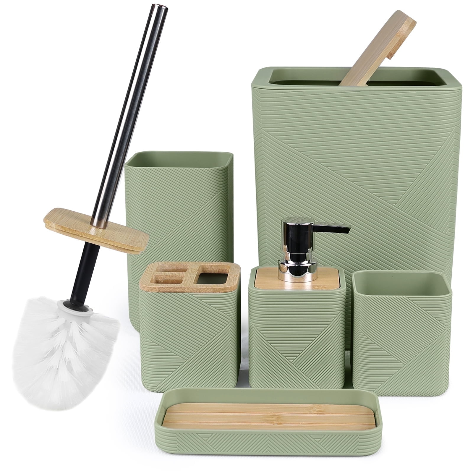 CERBIOR Bathroom Accessories Set 6 Piece Bamboo Bath Ensemble Includes Soap Dispenser, Toothbrush Holder, Toothbrush Cup, Soap Dish for Decorative Countertop and Housewarming Gift, Green