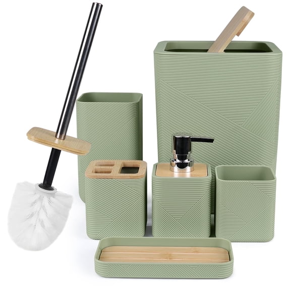 CERBIOR Bathroom Accessories Set 6 Piece Bamboo Bath Ensemble Includes Soap Dispenser, Toothbrush Holder, Toothbrush Cup, Soap Dish for Decorative Countertop and Housewarming Gift, Green