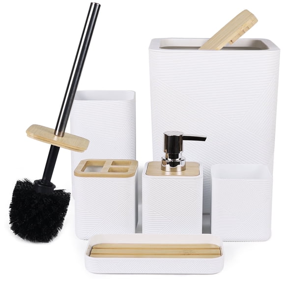 CERBIOR Bathroom Accessories Set 6 Piece Bamboo Bath Ensemble Includes Soap Dispenser, Toothbrush Holder, Toothbrush Cup, Soap Dish for Decorative Countertop and Housewarming Gift, White