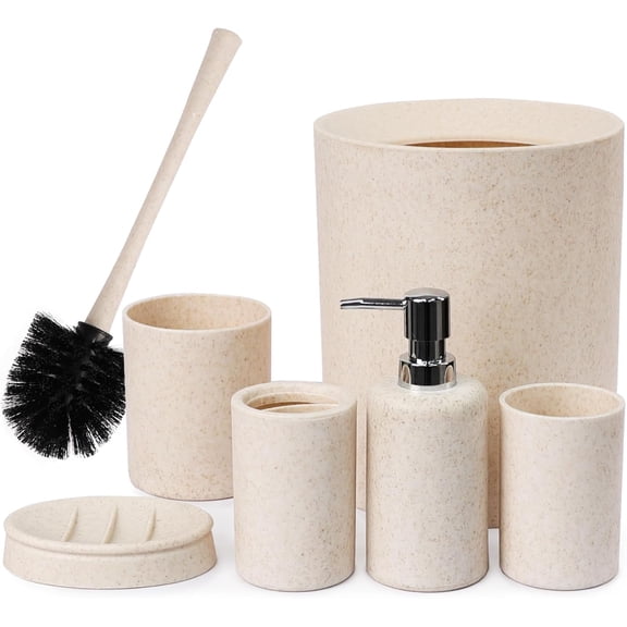 CERBIOR Bathroom Accessories Set 6 Piece Wheat Straw Bath Ensemble Includes Soap Dispenser, Toothbrush Holder, Toothbrush Cup, Soap Dish for Decorative Countertop and Housewarming Gift (Beige)