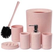 CERBIOR Bathroom Accessories Set 6 Piece Wheat Straw Bath Ensemble Includes Soap Dispenser, Toothbrush Holder, Toothbrush Cup, Soap Dish for Decorative Countertop and Housewarming Gift, Pink