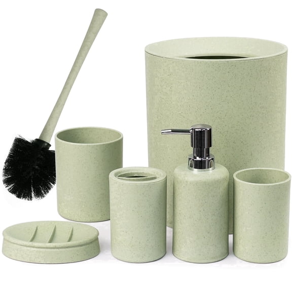 CERBIOR Bathroom Accessories Set 6 Piece Wheat Straw Bath Ensemble Includes Soap Dispenser, Toothbrush Holder, Toothbrush Cup, Soap Dish for Decorative Countertop and Housewarming Gift, Green
