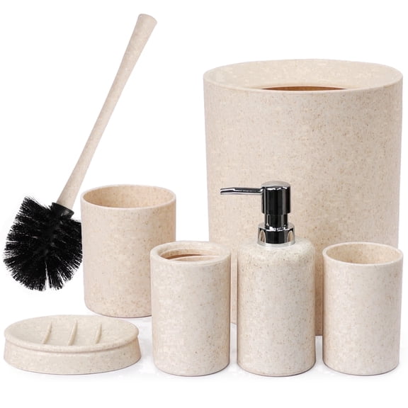 CERBIOR Bathroom Accessories Set 6 Piece Wheat Straw Bath Ensemble Includes Soap Dispenser, Toothbrush Holder, Toothbrush Cup, Soap Dish for Decorative Countertop and Housewarming Gift, Off-White
