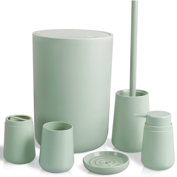 CERBIOR Bathroom Accessories Set 7 Piece Bath Ensemble Includes Soap Dispenser, Toothbrush Holder, Toothbrush Cup, Soap Dish for Decorative Countertop and Housewarming Gift (Pink)