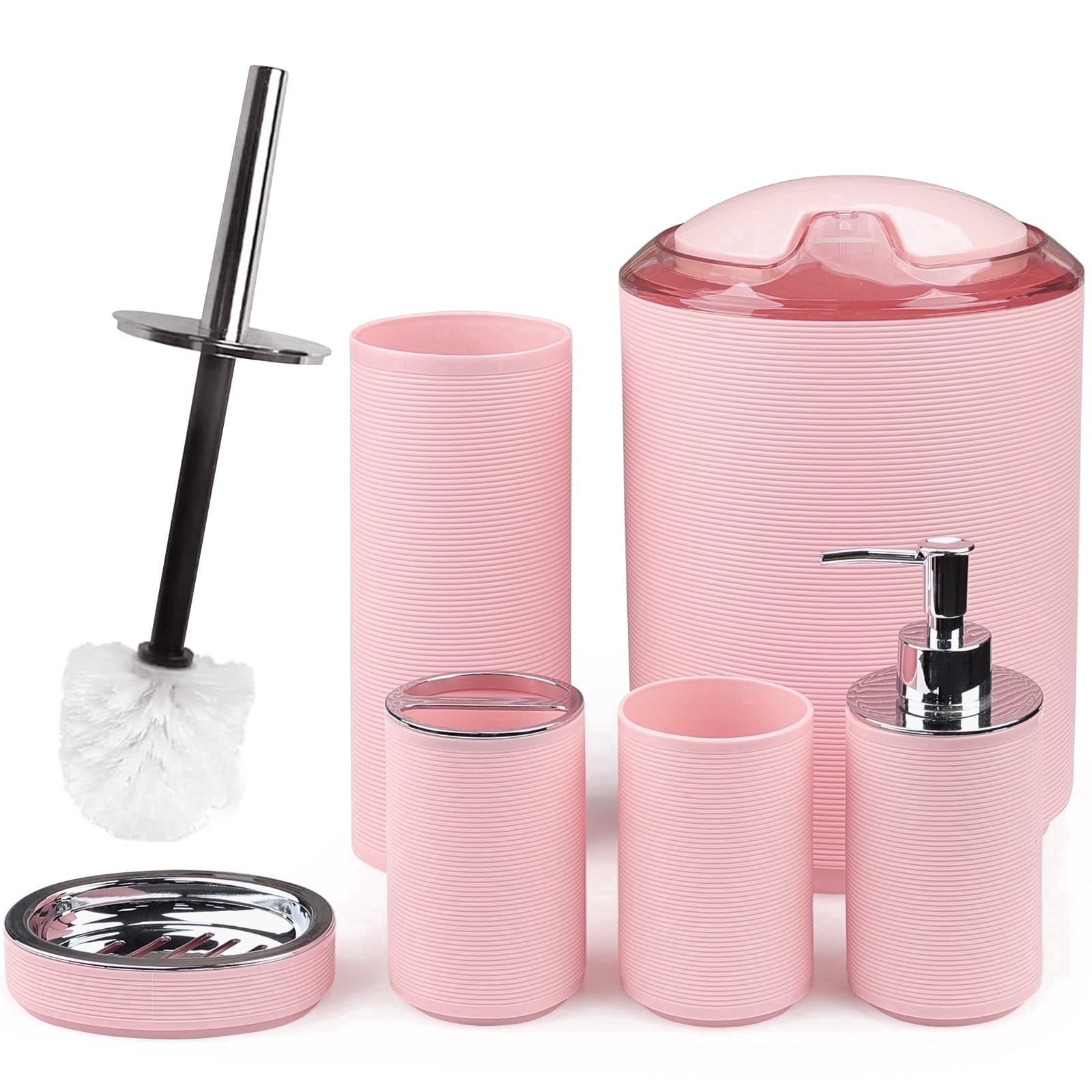 CERBIOR 6 Pcs Bathroom Accessories Set with Soap Dispenser, Toothbrush Holder, Tumbler, Soap Dish, Trash Can and Toilet Brush (Pink).