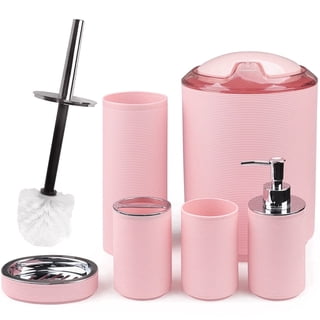 CERBIOR 6 Pcs Bathroom Accessories Set with Soap Dispenser, Toothbrush Holder, Tumbler, Soap Dish, Trash Can and Toilet Brush (Pink).