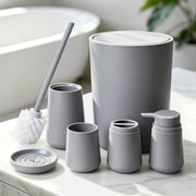 CERBIOR Bathroom Accessory Set 6 Piece Bathroom Set Set Soap Dispenser Toothbrush Holder Cup Soap Dish Toilet Cleaning Brush Push Down Trash Can, Grey