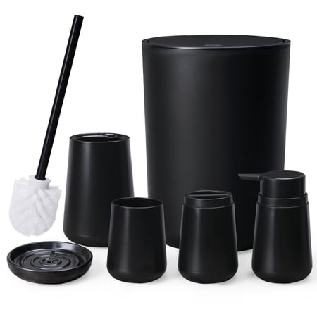 CERBIOR Bathroom Accessory Set 6 Piece Bathroom Set Soap Dispenser Toothbrush Holder Cup Soap Dish Toilet Cleaning Brush Push Down Trash Can, Black
