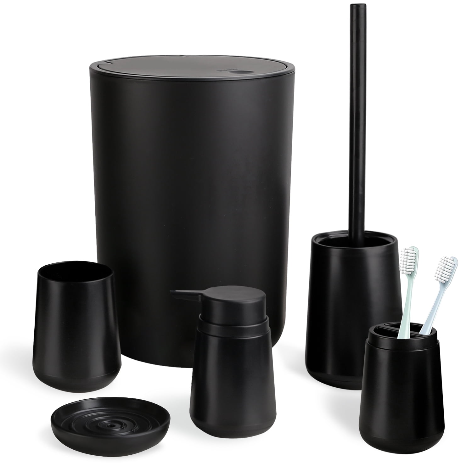 CERBIOR Bathroom Accessory Set 6 Piece Bathroom Set Soap Dispenser Toothbrush Holder Cup Soap Dish Toilet Cleaning Brush Push Down Trash Can, Black