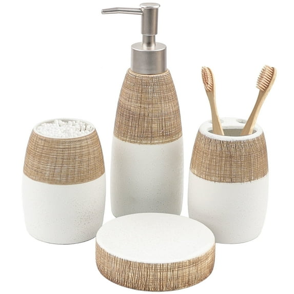 CERBIOR Deluxe Dual Tone White with Clay Bathroom Accessories Set 4 Pcs - Toothbrush Holder, Lotion Soap Dispenser, Bathroom Tumbler, Soap Dish(White Brown)
