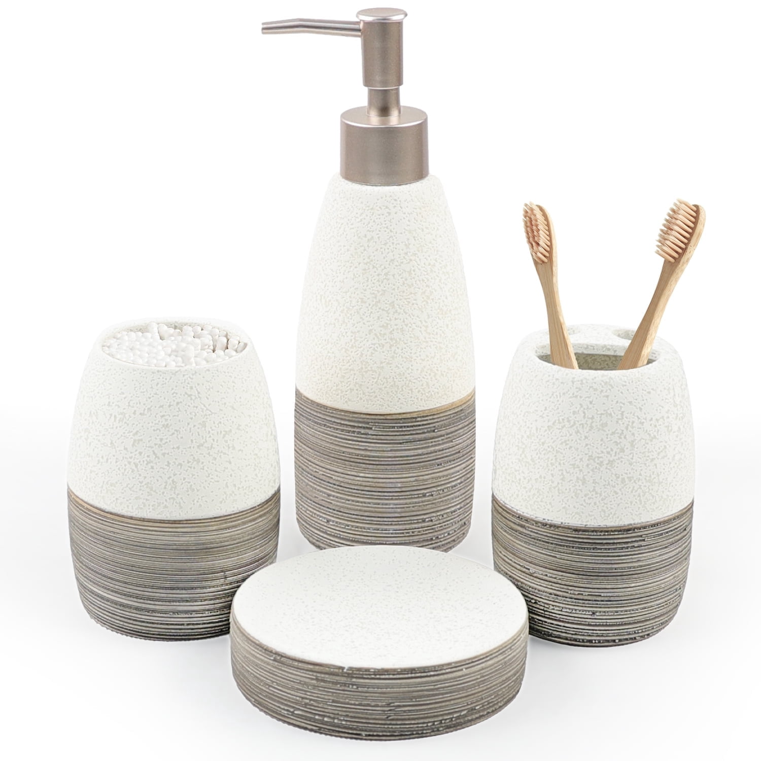 CERBIOR Deluxe Dual Tone White with Clay Bathroom Accessories Set 4 Pcs - Toothbrush Holder, Lotion Soap Dispenser, Bathroom Tumbler, Soap Dish（White Grey)