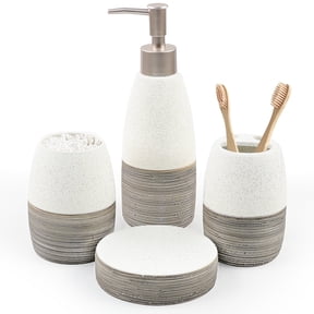 CERBIOR Deluxe Dual Tone White with Clay Bathroom Accessories Set 4 Pcs - Toothbrush Holder, Lotion Soap Dispenser, Bathroom Tumbler, Soap Dish(White Grey)