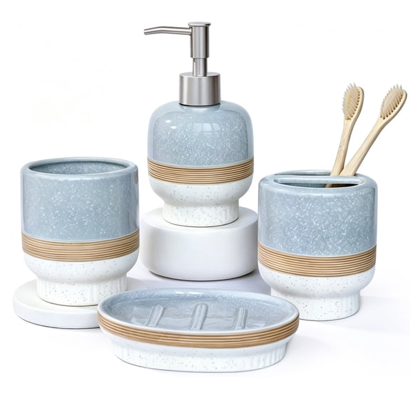 CERBIOR Deluxe Smooth-Glazed Ceramic Bathroom Accessory Set, 4-Piece—Toothbrush Holder, Body Wash/Soap Dispenser, Bath Cup, Soap Dish (Gray-Brown)