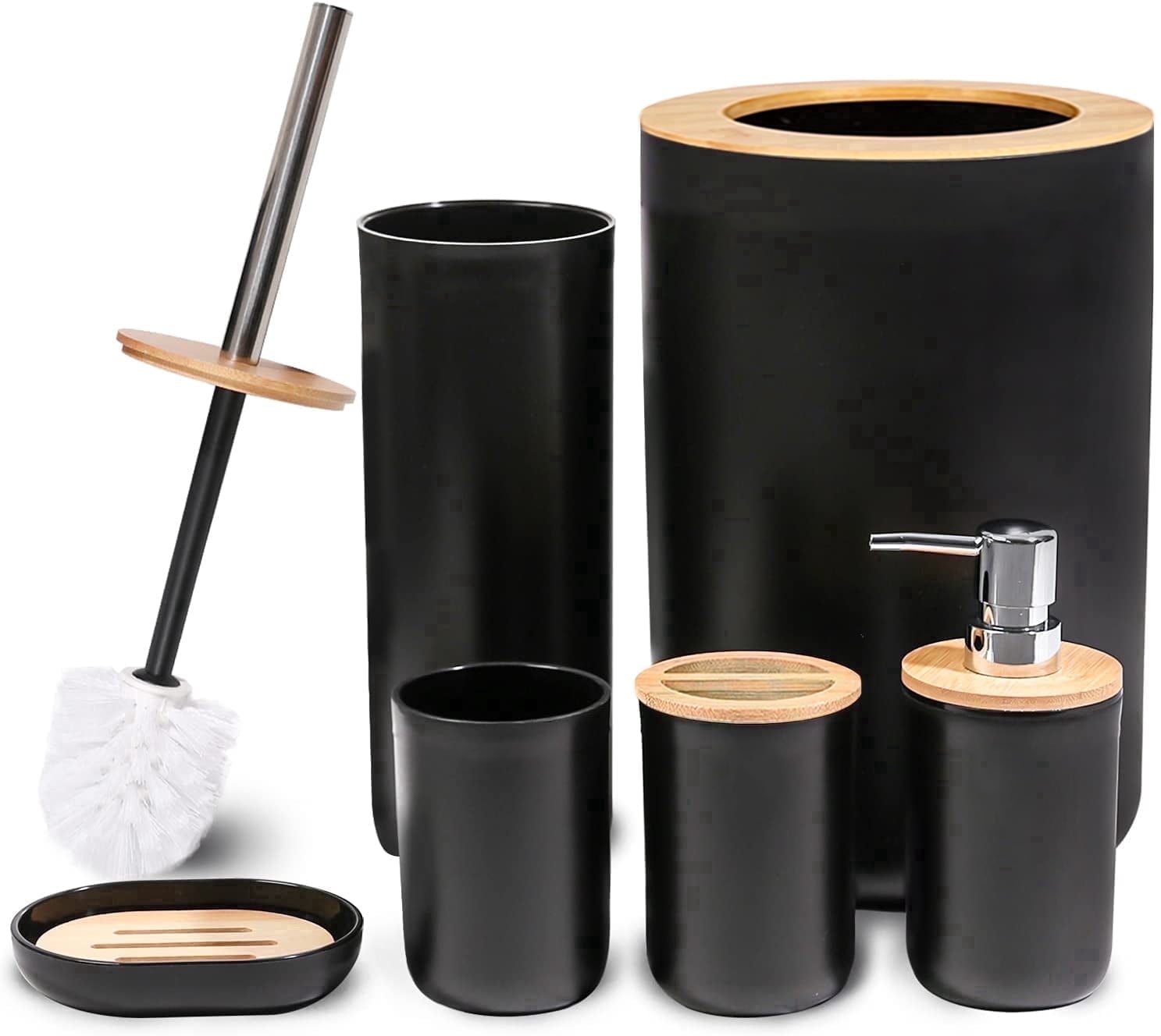 CERBIOR Bathroom Soap Toothbrush Holder Dish Set, Elegant 6-Piece Bamboo & Plastic Accessories, Black