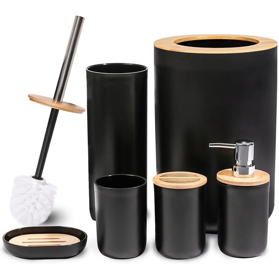 CERBIOR Bathroom Soap Toothbrush Holder Dish Set, Elegant 6-Piece Bamboo & Plastic Accessories, Black