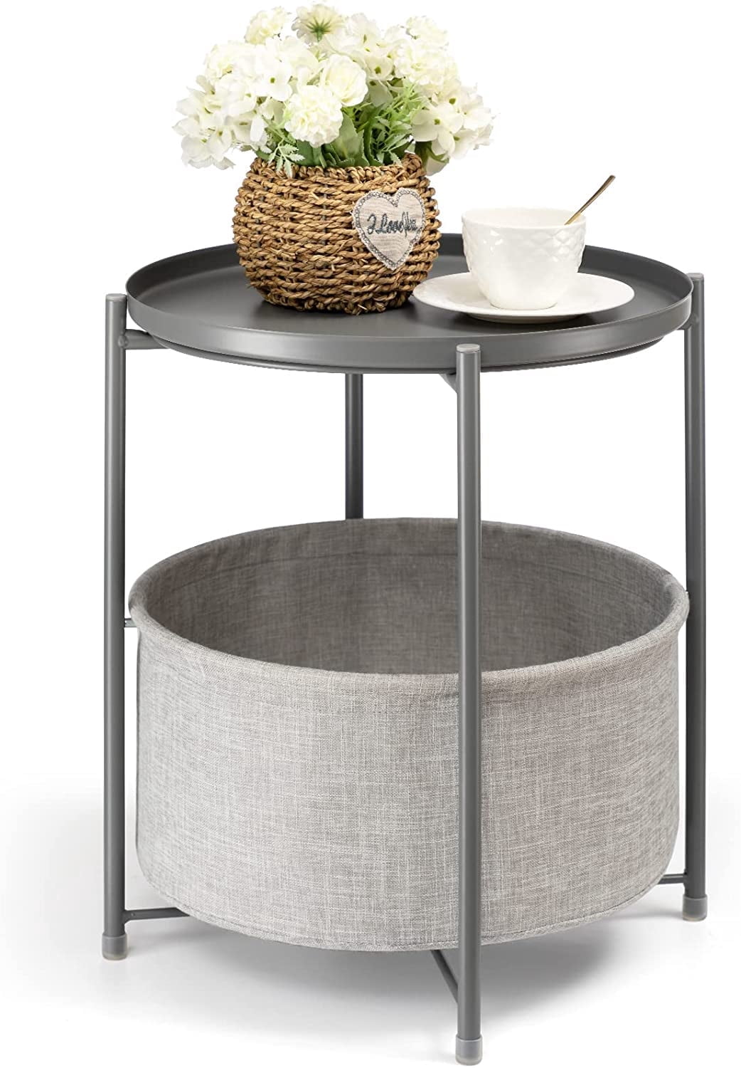 CERBIOR End Small Side Table with Storage Basket, Metal Sofa Side Snack ...