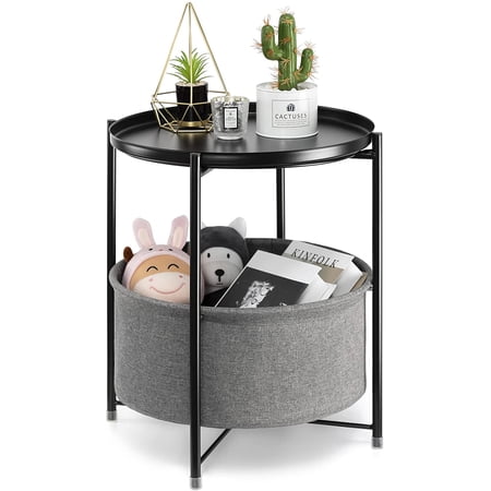 CERBIOR End Small Side Table with Storage Basket, Metal Sofa Side Snack Table with Detachable Tray Top and Fabric Storage Basket, Scandi Style Table for Living Room Bedroom (Black)