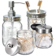 CERBIOR Mason jar Bathroom accessories set of 4 pieces, lotion soap dispenser and 2 pharmacist jars and toothbrush holder, bathroom home decoration craft. Glass, silver