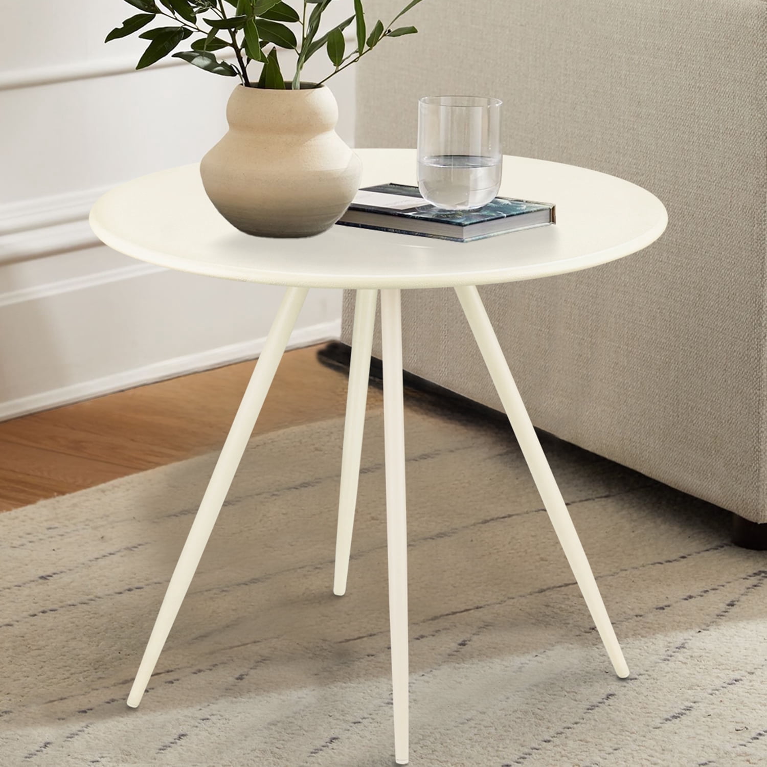 CERBIOR Round Side Table, End Table for Indoor & Outdoor Use, Small Side Tables for Small Spaces All Beige