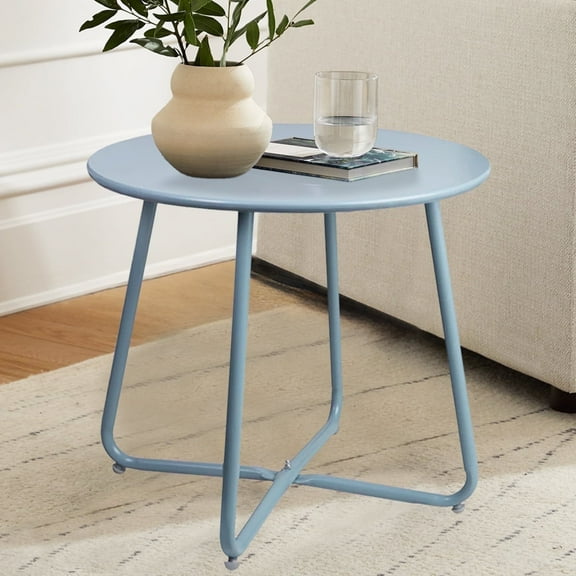 CERBIOR Metal Tray End Table, Round Accent Coffee Side Table, Anti-Rust and Waterproof Outdoor Small Side Table, Indoor Modern Sofa Side Table Bedside Table for Living Room Bedroom Balcony (Blue)