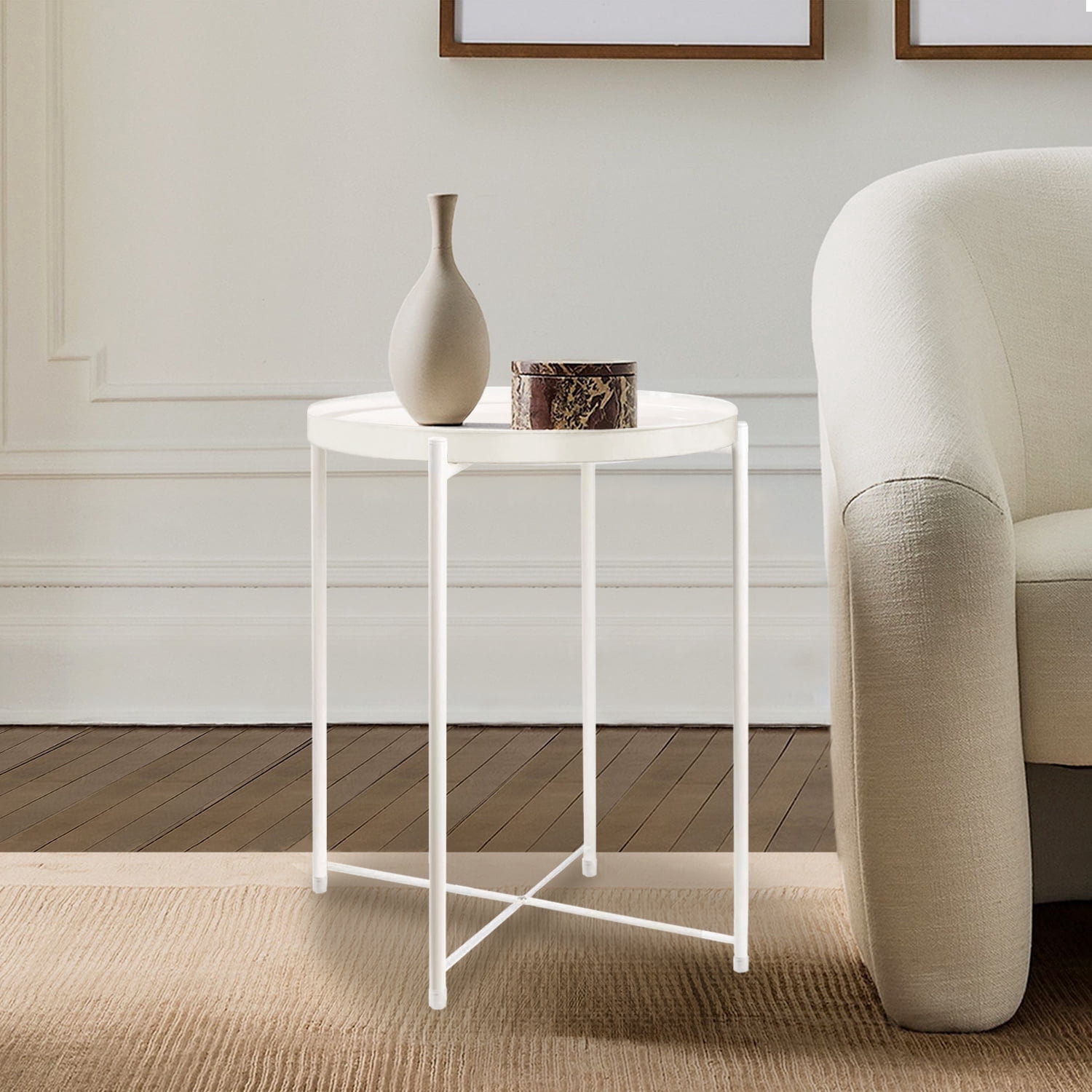 CERBIOR Metal Tray End Table, Round Accent Coffee Side Table, Anti-Rust and Waterproof Outdoor Small Side Table, Indoor Modern Sofa Side Table Bedside Table for Living Room Bedroom Balcony (White)
