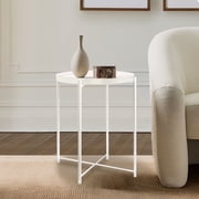 CERBIOR Metal Tray End Table, Round Accent Coffee Side Table, Anti-Rust and Waterproof Outdoor Small Side Table, Indoor Modern Sofa Side Table Bedside Table for Living Room Bedroom Balcony (White)