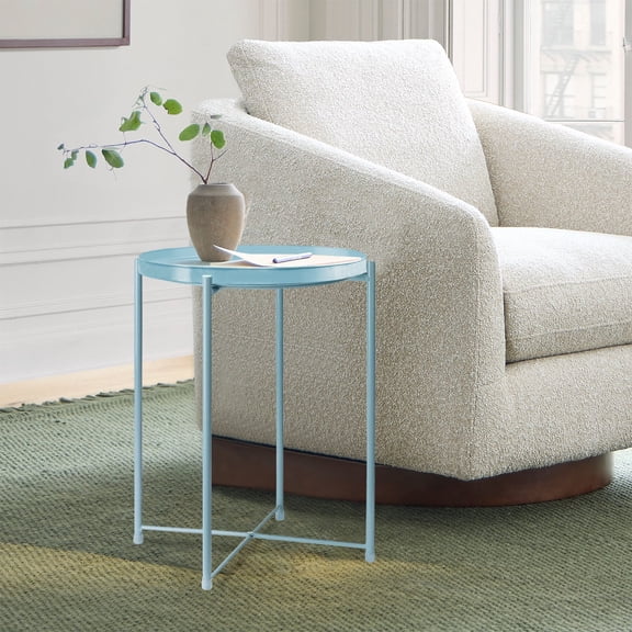 CERBIOR Metal Tray End Table, Round Accent Coffee Side Table, Anti-Rust and Waterproof Outdoor Small Side Table, Indoor Modern Sofa Side Table Bedside Table for Living Room Bedroom Balcony (Blue)