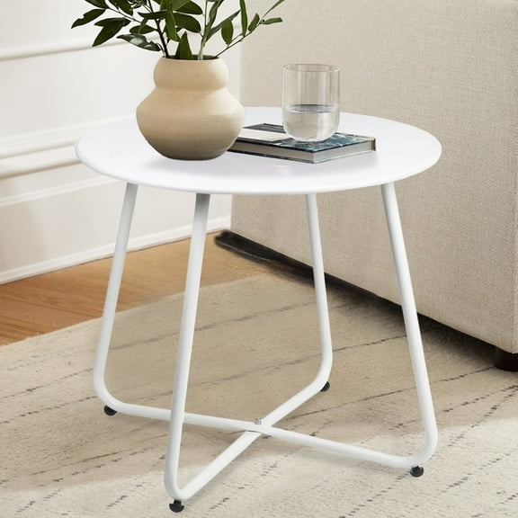 CERBIOR Metal Tray End Table, Round Accent Coffee Side Table, Anti-Rust and Waterproof Outdoor Small Side Table, Indoor Modern Sofa Side Table Bedside Table for Living Room Bedroom Balcony (White)