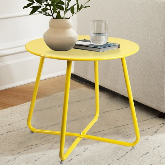 CERBIOR Metal Tray End Table, Round Accent Coffee Side Table, Anti-Rust and Waterproof Sofa Side Table for Living Room Bedroom Balcony (Yellow)
