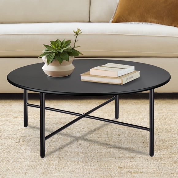 CERBIOR Patio Round Steel Coffee Table, Weather Resistant Anti-Rust and Waterproof Indoor and Outdoor Large Side Table, for Garden Living Room Bedroom Balcony（Black）
