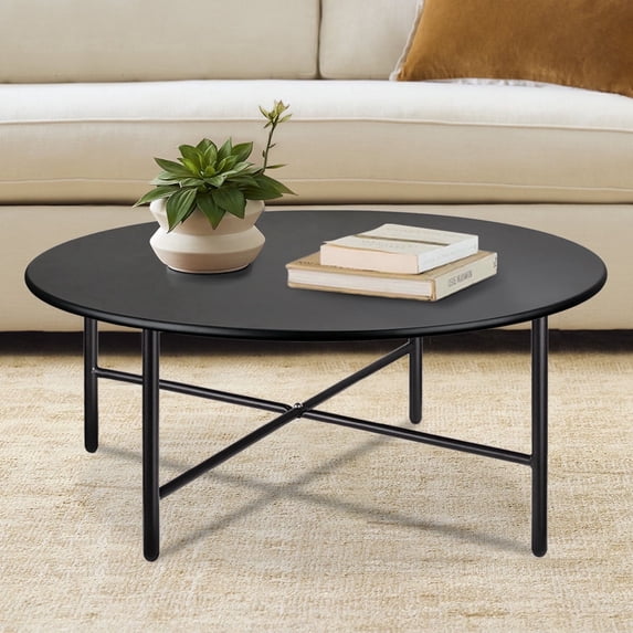 CERBIOR Patio Round Steel Coffee Table, Weather Resistant Anti-Rust and Waterproof Indoor and Outdoor Large Side Table, for Garden Living Room Bedroom Balcony(Black)