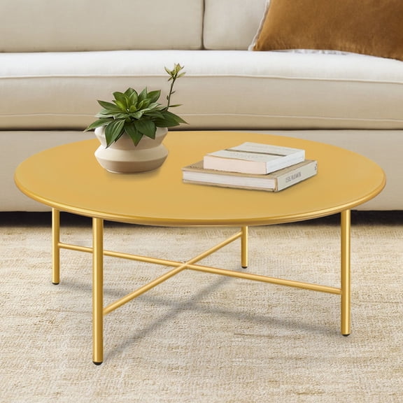 CERBIOR Patio Round Steel Coffee Table, Weather Resistant Anti-Rust and Waterproof Indoor and Outdoor Large Side Table, for Garden Living Room Bedroom Balcony（Gold）