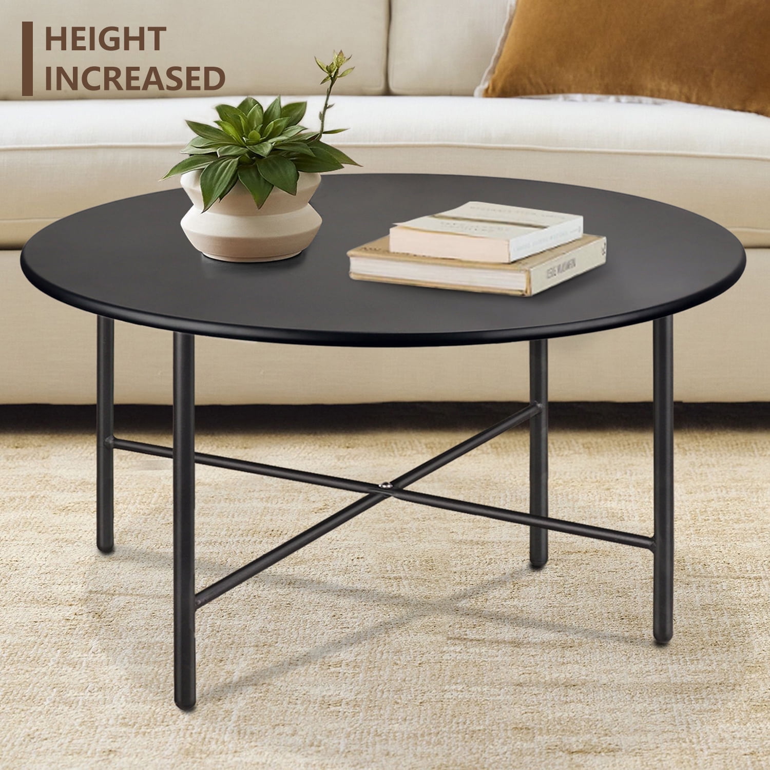 CERBIOR Patio Round Steel Coffee Table, Weather Resistant Anti-Rust and Waterproof Indoor and Outdoor Large Side Table, for Garden Living Room Bedroom Balcony（Hight Black）