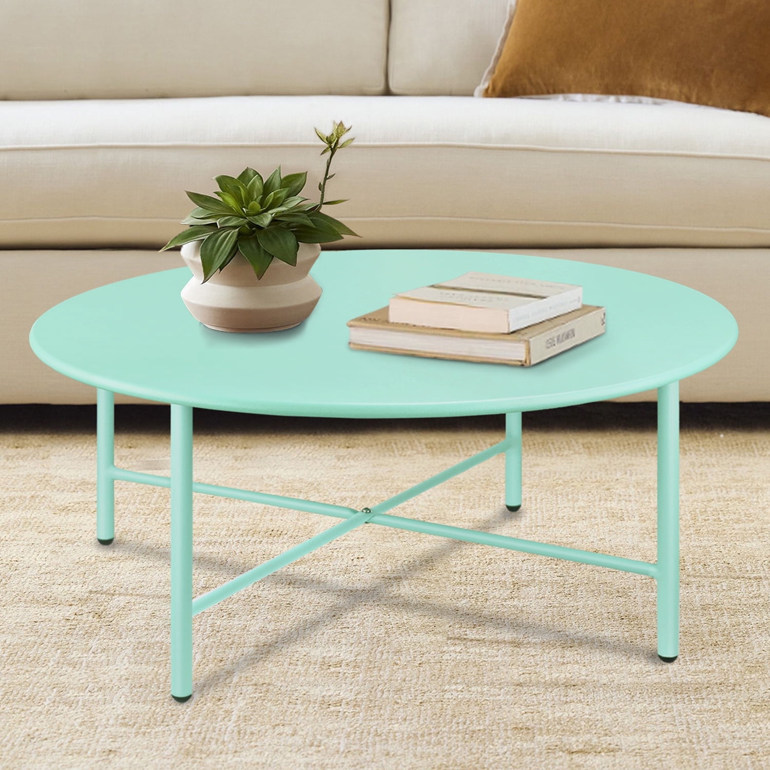 CERBIOR Patio Round Steel Coffee Table, Weather Resistant Anti-Rust and Waterproof Indoor and Outdoor Large Side Table, for Garden Living Room Bedroom Balcony (Mint Green)