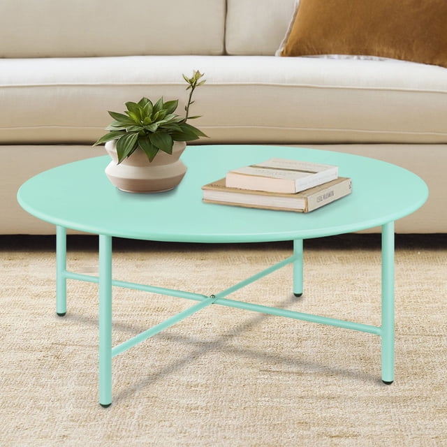 CERBIOR Patio Round Steel Coffee Table, Weather Resistant Anti-Rust and Waterproof Indoor and Outdoor Large Side Table, for Garden Living Room Bedroom Balcony (Mint Green)