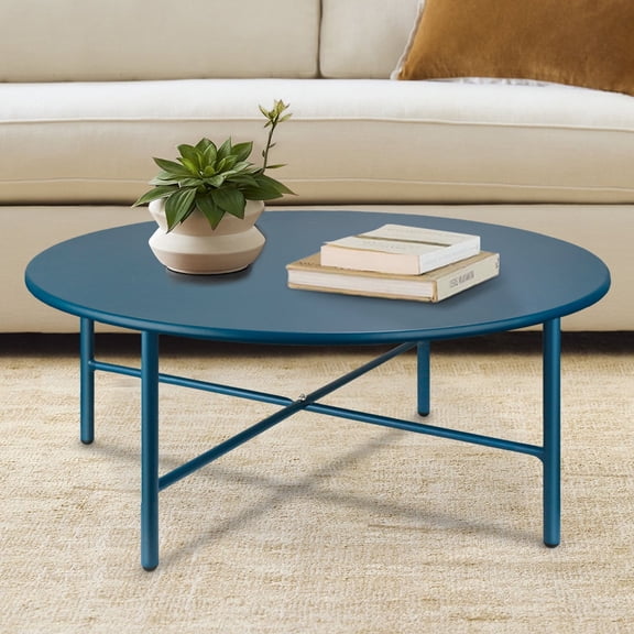 CERBIOR Patio Round Steel Coffee Table, Weather Resistant Anti-Rust and Waterproof Indoor and Outdoor Large Side Table, for Garden Living Room Bedroom Balcony (Navy Bule)