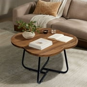 CERBIOR Vintage Modern Small Round Coffee Table, Living Room Centerpiece, Wooden Surface Top & Sturdy Metal Legs, Minimalist Display Side Table (Wood Flower)