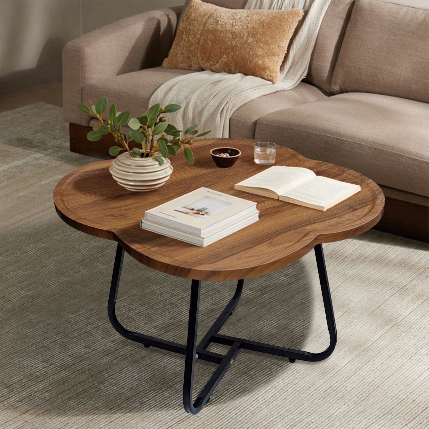 CERBIOR Vintage Modern Small Round Coffee Table, Living Room Centerpiece, Wooden Surface Top & Sturdy Metal Legs, Minimalist Display Side Table (Wood Flower)