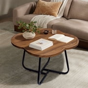 CERBIOR Vintage Modern Small Round Coffee Table, Living Room Centerpiece, Wooden Surface Top & Sturdy Metal Legs, Minimalist Display Side Table (Wood Flower)