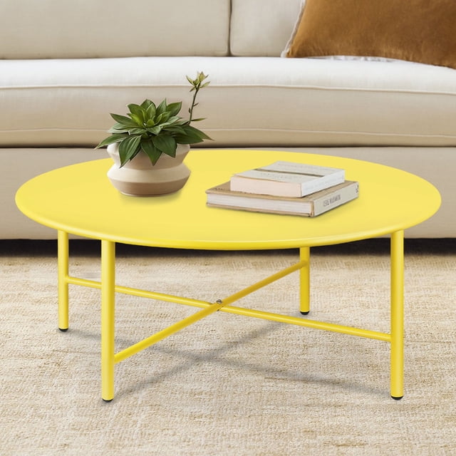 CERBIOR Patio Round Steel Coffee Table, Weather Resistant Anti-Rust and Waterproof Indoor and Outdoor Large Side Table, for Garden Living Room Bedroom Balcony(Lemon Yellow)