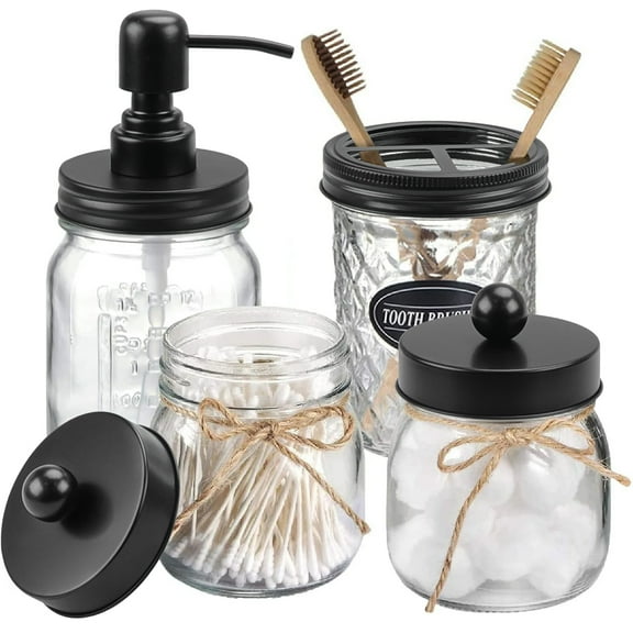 CERBIOR Premium Mason Jar Bathroom Accessories Set (4PCS) - Lotion Soap Dispenser,Toothbrush Holder,2 Apothecary Jars- Rustic Farmhouse Decor (Black)
