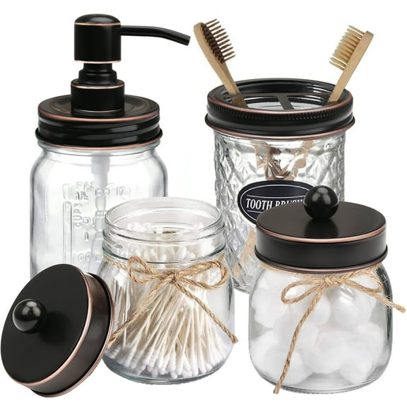 CERBIOR Premium Mason Jar Bathroom Accessories Set (4PCS) - Lotion Soap Dispenser,Toothbrush Holder,2 Apothecary Jars- Rustic Farmhouse Decor (Bronze)