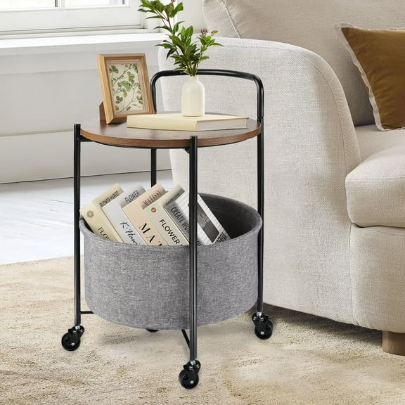 CERBIOR Rolling Round Metal Side Table,2-Tier Storage Side Table with Wheels,End Coffee Table with Steel Frame and Fabric Storage Basket,Cart Side Table Tray for Living Room,Bedroom,WOOD BLACK