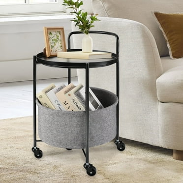CERBIOR Rolling Round Metal Side Table,2-Tier Storage Side Table with Wheels,End Coffee Table with Steel Frame and Fabric Storage Basket,Cart Side Table Tray for Living Room,Bedroom, BLACK