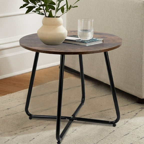 CERBIOR Round Metal Tray End Table, Anti-Rust and Waterproof Sofa Side Table for Living Room Bedroom Balcony, Brown Rustic Wood Top