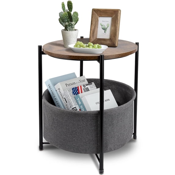 CERBIOR Round Side End Table, Modern Nightstand with Fabric Basket, Wood