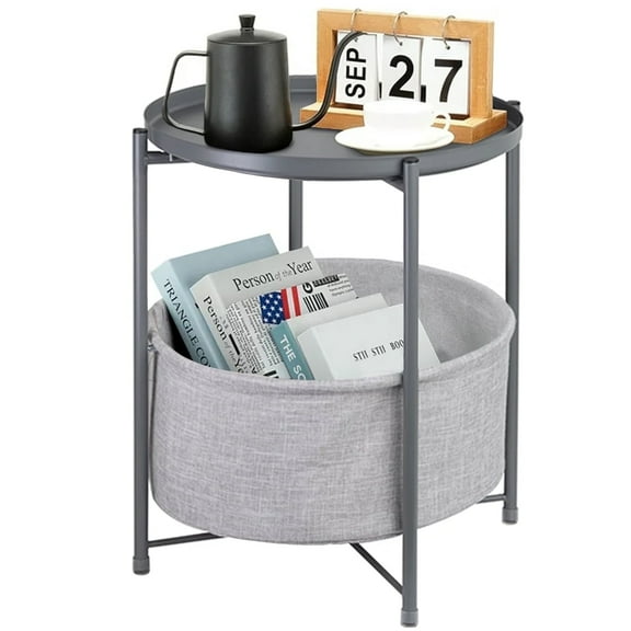 CERBIOR Round Side End Table, Modern Nightstand with Fabric Basket, Gray