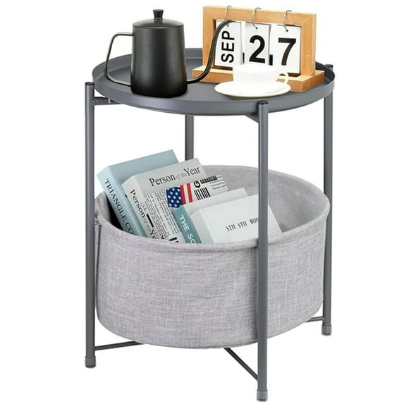 CERBIOR Round Side End Table, Modern Nightstand with Fabric Basket, Gray