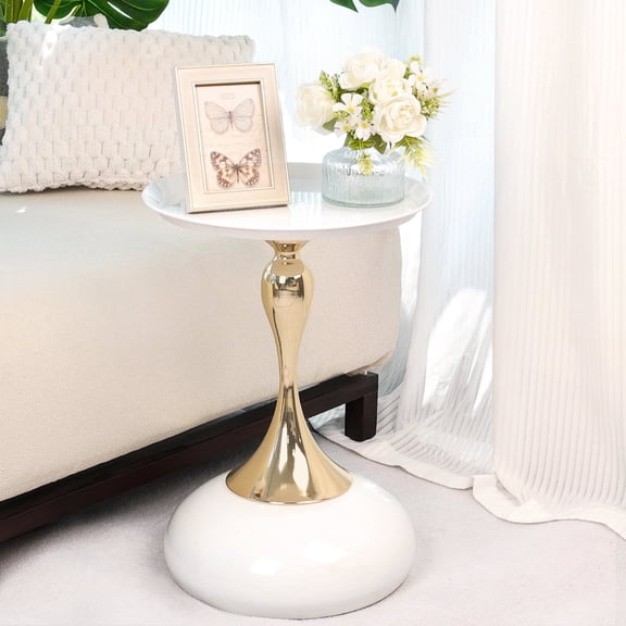 CERBIOR Modern Round Side Table with Gold Pedestal Base, Black Metal Top, Accent Drink Table for Living Room (White)